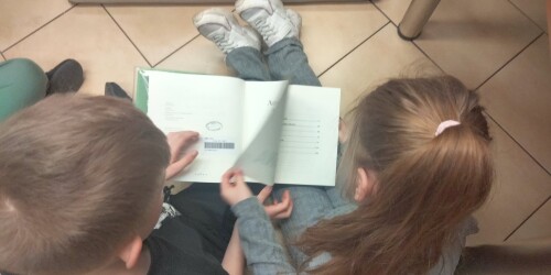 dwoje dzieci ogląda wspólnie książkę